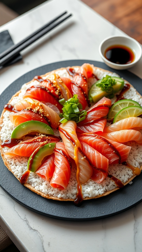 Delicious Sushi Pizza Recipe A sushi pizza with crispy rice crust, topped with sashimi, avocado, and drizzled with sauces, on a stylish table.